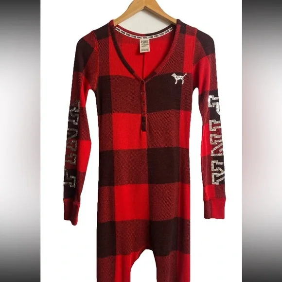 Victoria's Secret PINK Red Buffalo Plaid Holiday Union Suit Pajama Sequin Sz XS - Picture 3 of 10